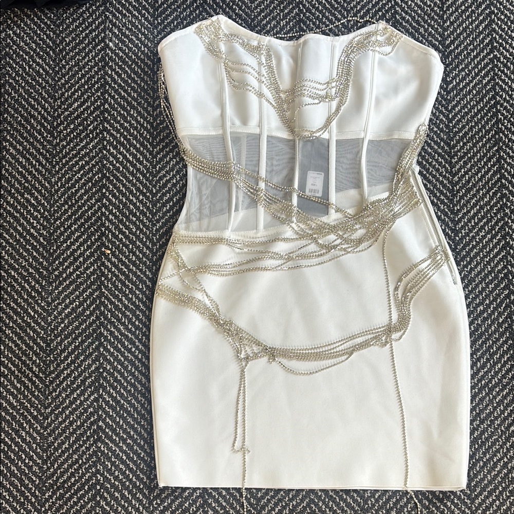 Strapless White Dress with Silver Chain Detail